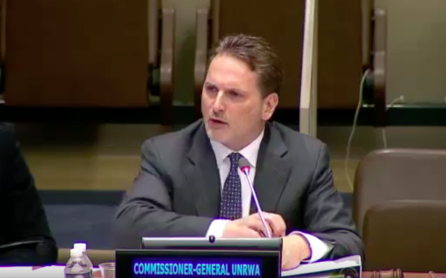 Pierre Krähenbühl aux Nations unies, le 10 novembre 2015. (Crédit : capture d’écran YouTube)