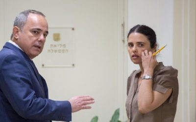 Le ministre de l'Energie Yuval Steinitz (à gauche ) et la ministre de la Justice Ayelet Shaked avant la réunion hebdomadaire du cabinet à Jérusalem, le 22 mai 2016. (Crédit : Emil Salman/Pool)