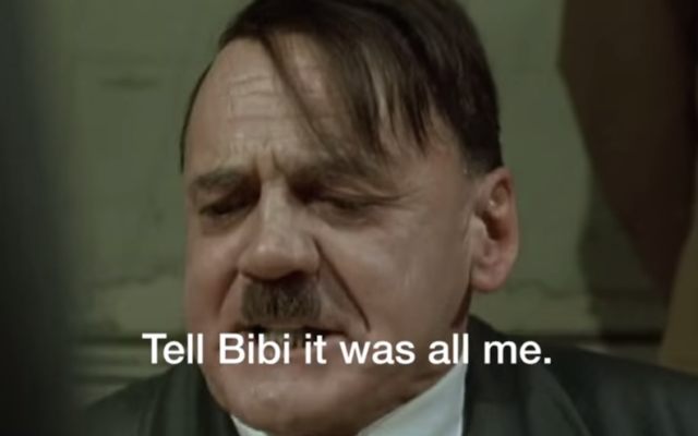 “La Chute”, un film allemand dans lequel l'acteur Bruno Ganz joue Hitler, fait l'objet de dizaines de parodies sur internet, dans lesquelles les producteurs insèrent de faux sous-titres pour aborder un sujet sans relations (Crédit : capture d'écran YouTube via JTA) “La Chute”, un film allemand dans lequel l'acteur Bruno Ganz joue Hitler, fait l'objet de dizaines de parodies sur internet, dans lesquelles les producteurs insèrent de faux sous-titres pour aborder un sujet sans relations (Crédit : capture d'écran YouTube via JTA)