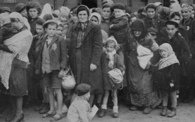 Des femmes et des enfants juifs des Basses Carpates russes attendent la sélection à l'entrée d'Auschwitz-Birkenau, en mai 1944. (Crédit : Musée du Mémorial de l'Holocauste des Etats-Unis, autorisation de Yad Vashem [Domaine public])
