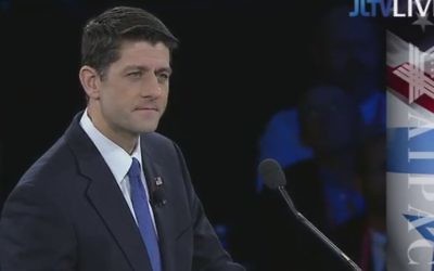 Paul Ryan, président républicain de la Chambre des représentants des Etats-Unis, prend la parole lors d'une conférence de l'AIPAC à Washington, le 21 mars 2016. (Crédit : capture d'écran AIPAC/JLTV)