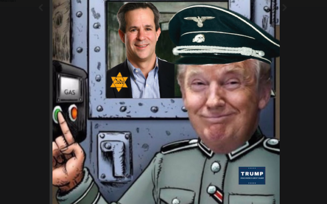 Un tweet envoyé à Jonathan Weisman, qui represente le journaliste comme un prisonnier d'un camp de concentration alors que Donald Trump est son gardien nazi. (Crédit : Twitter via JTA)