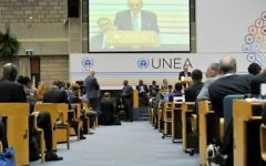 Le secrétaire général adjoint des Nations unies Jan Eliasson s'adresse à l’Assemblée environnementale des Nations unies à Nairobi, le 26 mai 2016. (Crédit : AFP PHOTO / SIMON MAINA)