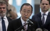 Le secrétaire général de l'ONU Ban Ki-moon s'exprime au cours d'une conférence de presse dans une école des Nations unies à Gaza Ville, le 28 juin 2016 (Crédit : AFP/Mahmud Hams)