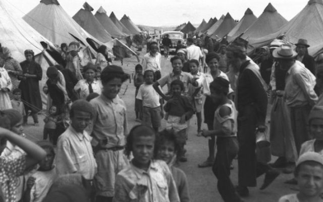 Des immigrants yéménites dans un camp proche d'Ein Shemer, en 1950. (Crédit : Pinn Hans/GPO)