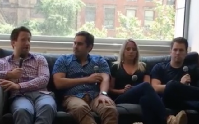 La journaliste de FOX Sports Emily Austen, deuxième à droite, a été renvoyée pour des remarques antisémites et racistes pendant un Facebook Live. (Crédit : capture d'écran Vimeo/TRUMP 2016 BUILD THAT WALL)