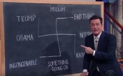 Stephen Colbert, l'animateur du "Late Show" sur CBS, a dessiné une croix gammée pour se moquer de Trump, le 15 juin 2016. (Crédit : capture d'écran YouTube/The Late Show with Stephen Colbert)
