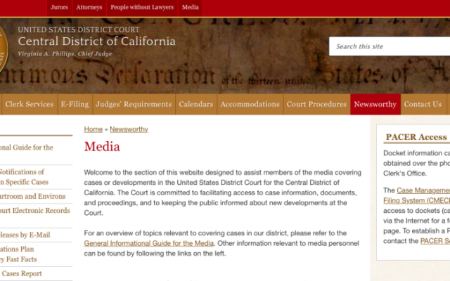 Capture d’écran du site du tribunal fédéral du district central de Californie