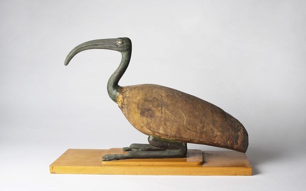 Cercueil contenant un ibis embaumé. Période ptolémaïque, 3e siècle avant l'ère commune. Bronze, bois, os d'ibis et crâne, restes de lin et mulettes. Cadeau du président égyptien Anwar Sadat à Yigael Yadin. (Crédit : musée d'Israël, Jérusalem)