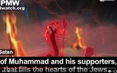 Un dessin animé diffusé sur une chaîne du Fatah, le parti de Mahmoud Abbas, montre des juifs conspirer avec le diable contre les musulmans et leur prophète, Mahomet. (Crédit : capture d'écran YouTube/PalWatch)