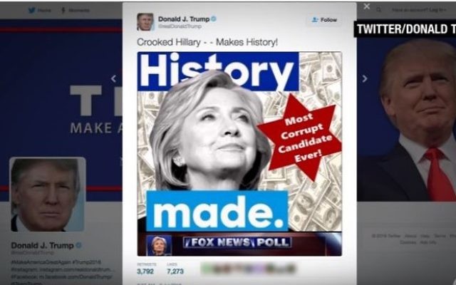 Une image tweetée, puis supprimée, par Donald Trump le 2 juin 2016, qui utilise une étoile de David pour qualifier Hillary Clinton de "candidate la plus corrompue". (Crédit : capture d'écran YouTube)