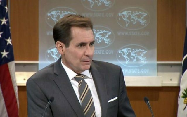 John Kirby, porte-parole du département d'Etat des Etats-Unis, le 19 janvier 2016. (Crédit : capture d'écran/département d'Etat des Etats-Unis) John Kirby, porte-parole du département d'Etat des Etats-Unis, le 19 janvier 2016. (Crédit : capture d'écran/département d'Etat des Etats-Unis)