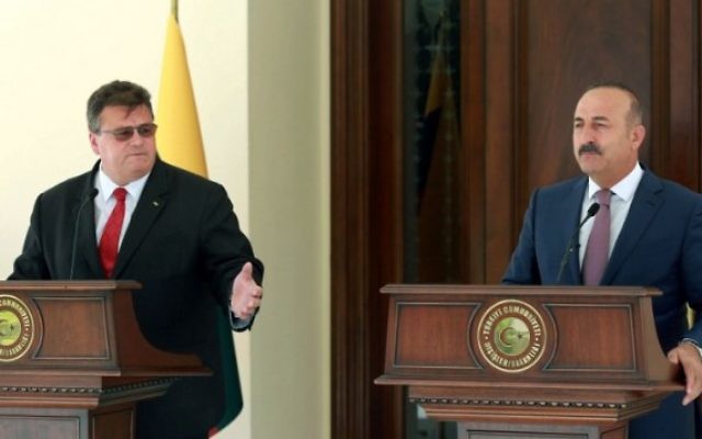 Le ministre turc des Affaires étrangères Mevlut Cavusoglu (à droite) pendant une conférence de presse avec son homologue lituanien Linas Linkevicius à Ankara, le 22 août 2016. (Crédit : AFP/Adem Altan)