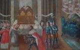 David et le prêtre Ahimelech, au Mexique, au début du 18e siècle. Cette œuvre d'un artiste inconnu est remarquable par sa combinaison de l'Arche d'Aliance, d'une ménorah et de la description correcte d'un prêtre juif. (Crédit : Musée d'histoire du Nouveau-Mexique)