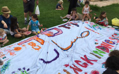 Une bannière géante de bienveillance, pendant une fête de rentrée au YMCA de Jérusalem, le 29 août 2016. (Crédit : Dasee Berkowitz)
