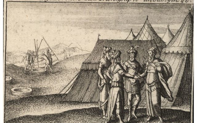 Lithographie représentant Abraham prêtant serment au roi philistin Abimélec. (Collection numérique Venceslaus Hollar de l'Université de Toronto) Lithographie représentant Abraham prêtant serment au roi philistin Abimélec. (Collection numérique Venceslaus Hollar de l'Université de Toronto)