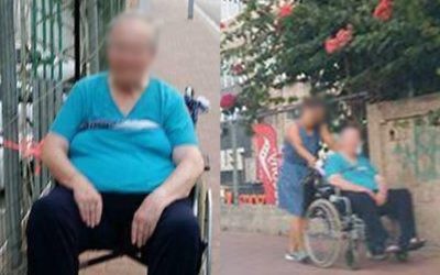 Une vieille dame en fauteuil roulant a été attachée à une clôture devant le centre commercial de Ramat Gan pendant au moins 40 minutes, le 2 août 2016, provoquant une enquête de la police après qu'une passante ait pris une photo (Crédit : la Deuxième chaîne)