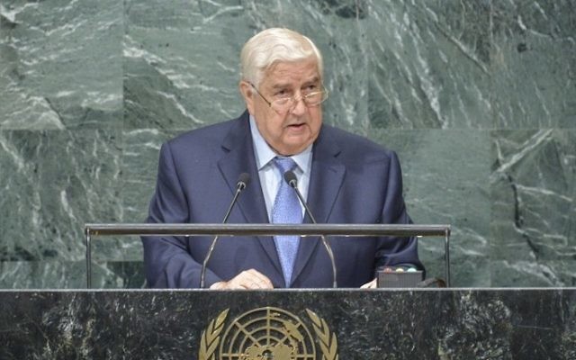 Walid Al-Moualem, vice Premier ministre et ministre des Affaires étrangères de Syrie, devant la 71e Assemblée générale des Nations Unies, à New York, le 24 septembre 2016. (Crédit: AFP/Kena Betancur)