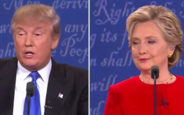 Les candidats à la présidentielle américaine Donald Trump et Hillary Clinton pendant le premier débat de la campagne, à New York, le 26 septembre 2016. (Crédit : capture d'écran YouTube/RBC NETWORK BROADCASTING)