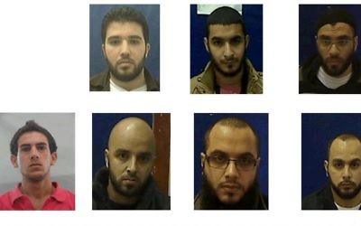 Une cellule d'Israéliens soupçonnés d'avoir rejoint l'Etat islamique. De droite à gauche puis de bas en haut : Alah Abu Salah, Fadi Bashir, Khaled abu Salah, Muhammad abu Salah, Adnan Ala a-Din, Karim abu Salah et Husam Marisat, (Crédits : Shin Bet)