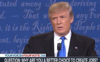 Le candidat républicain à la présidentielle américaine Donald Trump pendant le premier débat de la campagne, à New York, le 26 septembre 2016. (Crédit : capture d'écran YouTube/RBC NETWORK BROADCASTING)