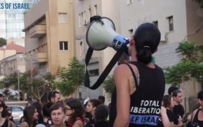 Manifestation de militants végétaliens en faveur du droit et du bien-être animal, à Tel Aviv, le 8 septembre 2016. (Crédit : capture d'écran YouTube/The Times of Israel)