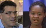 Elliot Schrage, vice-président de Facebook (à gauche), et Clemantine Wamariya, militante des droits de l'Homme qui a survécu au génocide rwandais. (Crédit : captures d'écran YouTube)