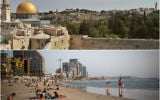 Jérusalem, en haut, et Tel-Aviv en bas (Crédits : Jérusalem : Gil Cohen / AFP / Getty Images; Tel Aviv : Miriam Alster / Flash90)