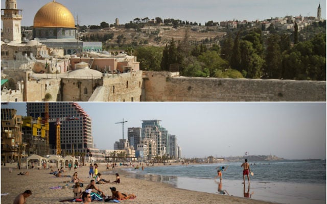 Jérusalem, en haut, et Tel-Aviv en bas (Crédits : Jérusalem : Gil Cohen / AFP / Getty Images; Tel Aviv : Miriam Alster / Flash90) Jérusalem, en haut, et Tel-Aviv en bas (Crédits : Jérusalem : Gil Cohen / AFP / Getty Images; Tel Aviv : Miriam Alster / Flash90)