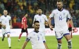 L'Israélien Eran Zahavi (au centre) vient de marquer un but pendant le match de qualification pour le Mondial 2018 contre l'Albanie, à Elbasan, le 12 novembre 2016. (Crédit : AFP/Gent Shkullaku)