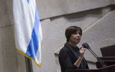 Zehava Galon, présidente du Meretz, devant la Knesset, le 5 juillet 2016. (Crédit : Hadas Parush/Flash90)