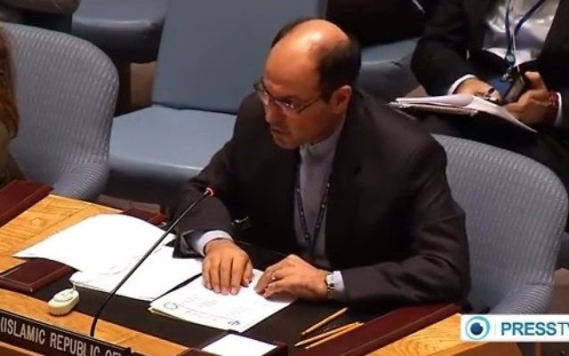 Gholam Hossein Dehghani, ambassadeur adjoint de l'Iran auprès des Nations unies. (Crédit : capture d'écran YouTube)
