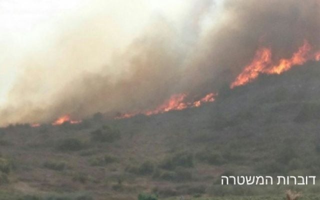 L'incendie fait rage autour de Zichron Yaakov, le 22 novembre 2016. (Crédit : Porte-parole de la police israélienne) L'incendie fait rage autour de Zichron Yaakov, le 22 novembre 2016. (Crédit : Porte-parole de la police israélienne)