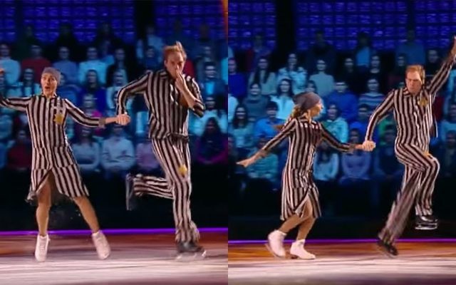 Anciens danseurs olympiques, Tatiana Navka et Andrei Burkovsky se sont produits dans un spectacle de patinage artistique à la télévision sur le thème de l'Holocauste, le 26 novembre 2016. (Crédit : capture d'écran YouTube)