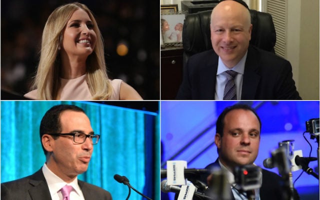 Dans le sens des aiguilles d'une montre : Ivanka Trump, Jason Greenblatt, Boris Epshteyn et Steven Mnuchin (Crédit : Chip Somodevilla/Getty Images - Uriel Heilman - Ilya S. Savenok/Getty Images for SiriusXM - Andrew H. Walker/Getty Images for City Harvest via JTA) Dans le sens des aiguilles d'une montre : Ivanka Trump, Jason Greenblatt, Boris Epshteyn et Steven Mnuchin (Crédit : Chip Somodevilla/Getty Images - Uriel Heilman - Ilya S. Savenok/Getty Images for SiriusXM - Andrew H. Walker/Getty Images for City Harvest via JTA)