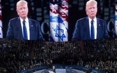 Donald Trump, alors candidat républicain à la présidentielle américaine, devant la conférence politique 2016 de l'AIPAC, à Washington, D.C., le 21 mars 2016. (Crédit : Saul Loeb/Getty Images/AFP via JTA)