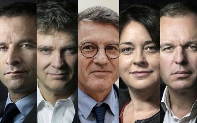 Les candidats à la primaire de la "Belle Alliance populaire" pour l'élection présidentielle française. De gauche à droite : Jean-Luc Bennahmias, Benoit Hamon, Arnaud Montebourg, Vincent Peillon, Sylvia Pinel, Francois de Rugy, et Manuel Valls. (Crédit : Joël Saget et Thomas Samson/AFP) Les candidats à la primaire de la "Belle Alliance populaire" pour l'élection présidentielle française. De gauche à droite : Jean-Luc Bennahmias, Benoit Hamon, Arnaud Montebourg, Vincent Peillon, Sylvia Pinel, Francois de Rugy, et Manuel Valls. (Crédit : Joël Saget et Thomas Samson/AFP)