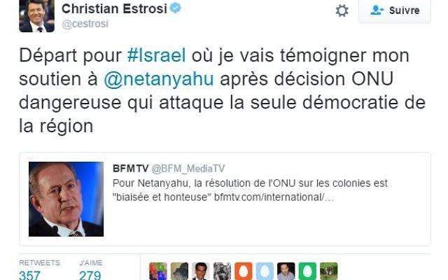 Christian Estrosi annonce son prochain voyage en Israël en réponse à la résolution de l'ONU condamnant les 'colonies' israéliennes (Crédit: capture d'écran Christian ESTROSI/Twitter). Christian Estrosi annonce son prochain voyage en Israël en réponse à la résolution de l'ONU condamnant les 'colonies' israéliennes (Crédit: capture d'écran Christian ESTROSI/Twitter).
