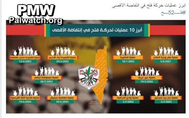 Image postée par le Fatah sur Facebook en décembre 2016, rendant hommage aux "10 attaques les plus spectaculaires du groupe" durant la Seconde intifada. (Crédit : autorisation Palestinian Media Watch
