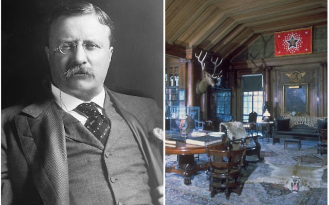 Le 26e président américain, Theodore Roosevelt, à gauche, et sa résidence d'été de Sagamore Hill, sur Long Island, dans l'état de New York. (Crédit : Wikimedia Commons)