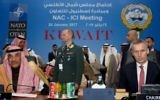 Le secrétaire général de l'OTAN, Jens Stoltenberg, et le vice-premier ministre koweïtien Sheikh Sabah al-Khaled al-Sabah à Koweït le 24 janvier 2017 (Crédit : AFP PHOTO / Yasser Al-Zayyat)
