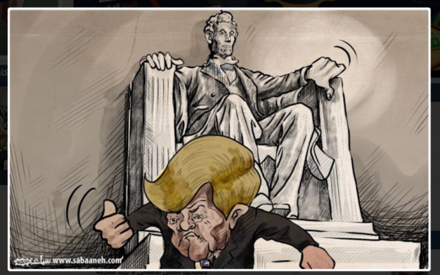 Caricature publié dans le quotidien Al-Hayat, publié le 21 janvier, montrant la statut de Lincoln montrant le pouce en bas zu président américain Donald Trump (Crédit : Capture d'écran du site Web d'Al-Hayat)