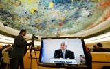 Le président de l'Autorité palestinienne Mahmoud Abbas devant le Conseil des droits de l'Homme des Nations unies, à Genève, le 27 février 2017. (Crédit : Fabrice Coffrini/AFP)