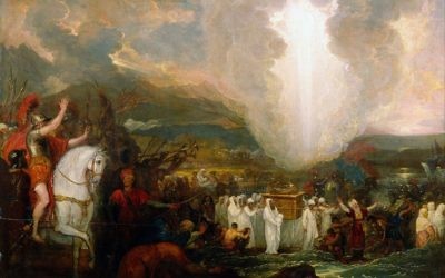 Josué passant la rivière du Jourdain avec l'arche d'alliance, par Benjamin West, 1800. (Crédit : Wikipedia)