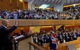Le Premier ministre Benjamin Netanyahu à la Grande synagogue de Sydney, en Australie, le 22 février 2017. (Crédit : Haïm Zach/Bureau du Premier ministre via Flash90)
