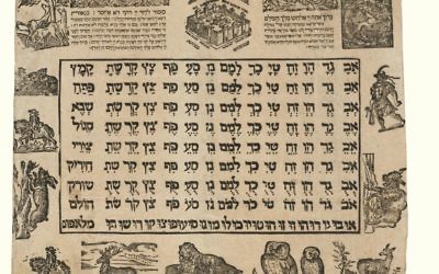 Support mural destiné à l'apprentissage de l'hébreu imprimé à Francfort en Allemagne, 1650 (Crédit: Bibliothèque nationale israélienne)