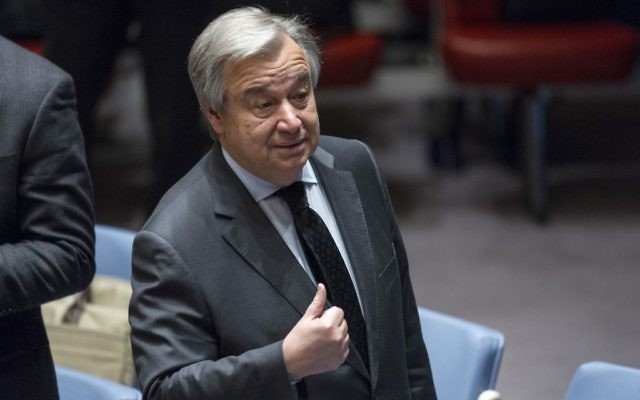 António Guterres, secrétaire général des Nations unies, dans la salle du Conseil de sécurité, à New York, le 10 janvier 2017. (Crédit : Rick Bajornas/Nations unies) António Guterres, secrétaire général des Nations unies, dans la salle du Conseil de sécurité, à New York, le 10 janvier 2017. (Crédit : Rick Bajornas/Nations unies)