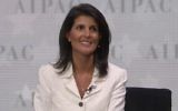 Nikki Haley, ambassadrice des Etats-Unis auprès des Nations unies, pendant la conférence politique annuelle de l'AIPAC, le 27 pars 2017. (Crédit : capture d'écran)