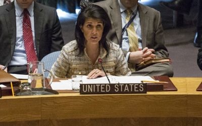 L'ambassadrice américaine aux Nations unies, Nikki Haley, au Conseil de Sécurité à New York, le 21 février 2017. (Crédit : Kena Betancur/AFP)