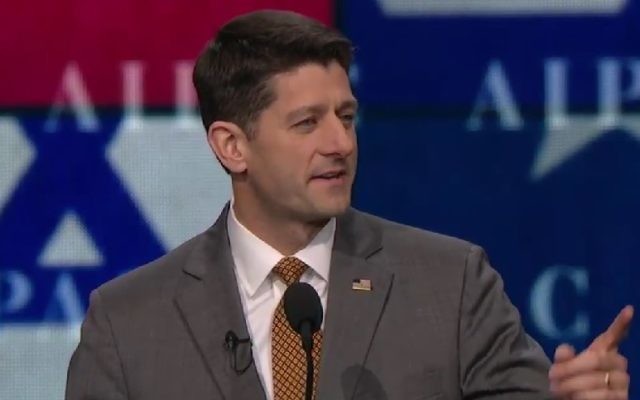 Paul Ryan, le président de la Chambre des représentants des Etats-Unis, pendant la conférence politique annuelle de l'AIPAC, à Washington, D.C., le 27 mars 2017. (Crédit : capture d'écran) Paul Ryan, le président de la Chambre des représentants des Etats-Unis, pendant la conférence politique annuelle de l'AIPAC, à Washington, D.C., le 27 mars 2017. (Crédit : capture d'écran)